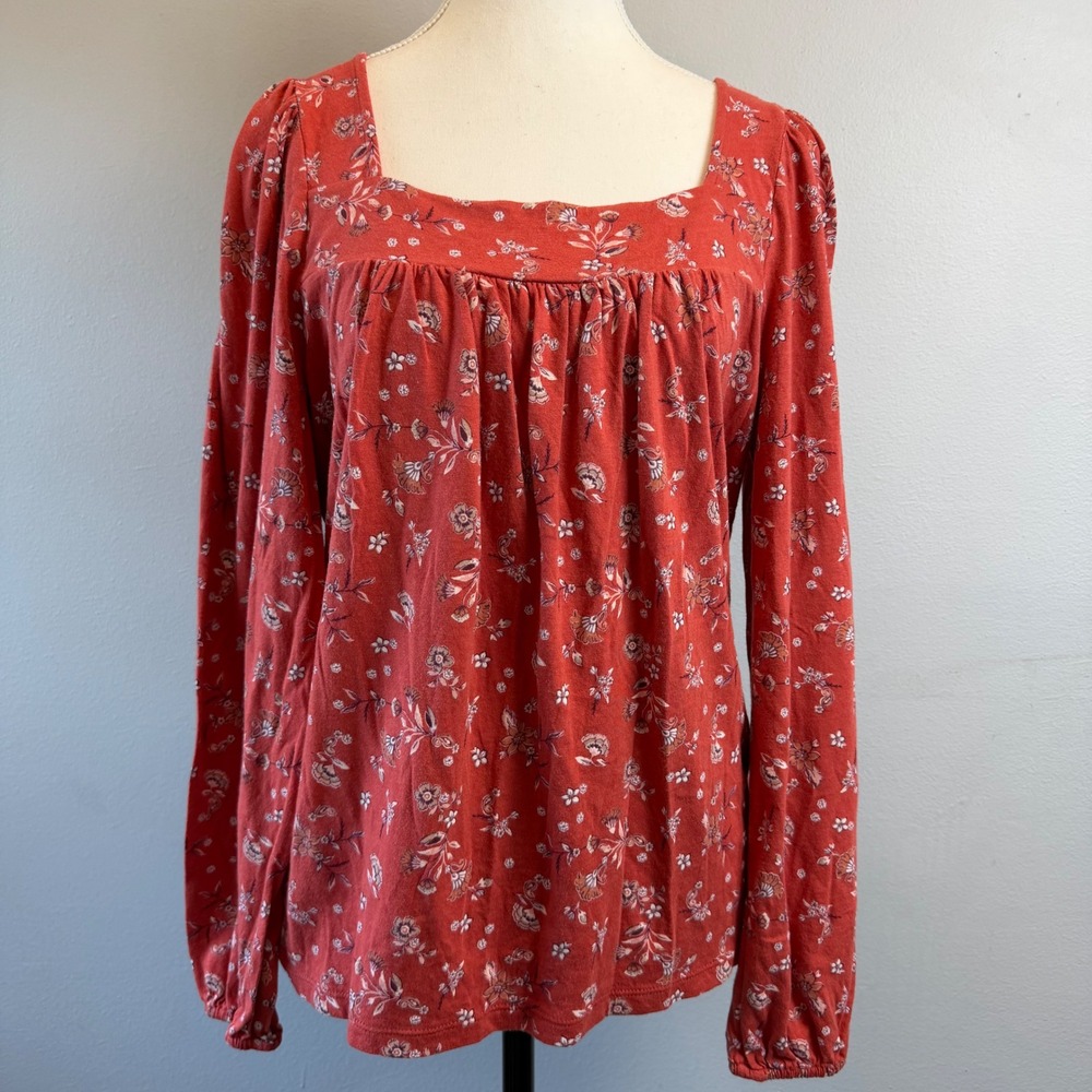 Lucky Brand Med Knit Top Red Floral Square Neck Long Sleeve Boho Western Flowy